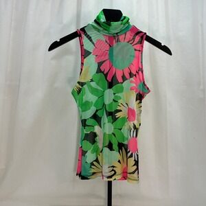 AFRM Mesh Tank Top Women XS Multicolor Floral Mock Neck Sleeveless Sheer